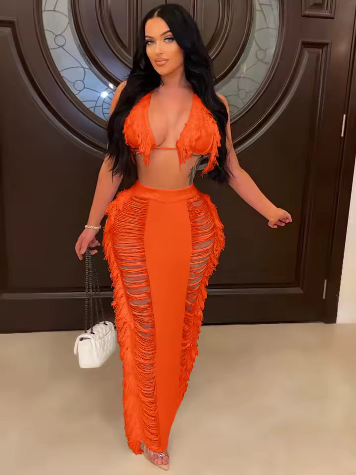 Women Knitted Set Halter Backless Crop Top Tassel Skirt Crochet Two Pieces