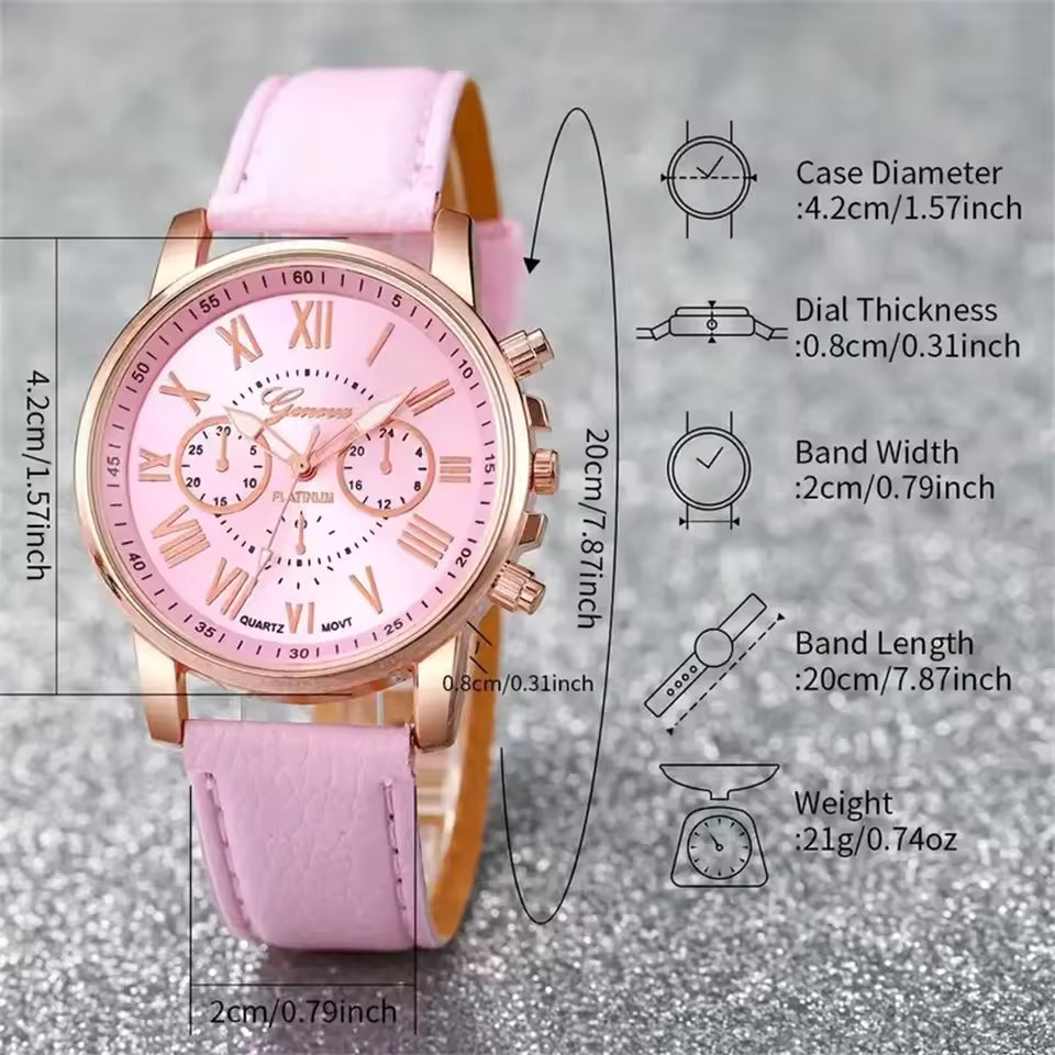 6PCS Women’s Quartz Watch Set – Leather Band Analog Wristwatches with Heart Rhinestone Jewelry, Fashionable Multi-Watch Gift Set