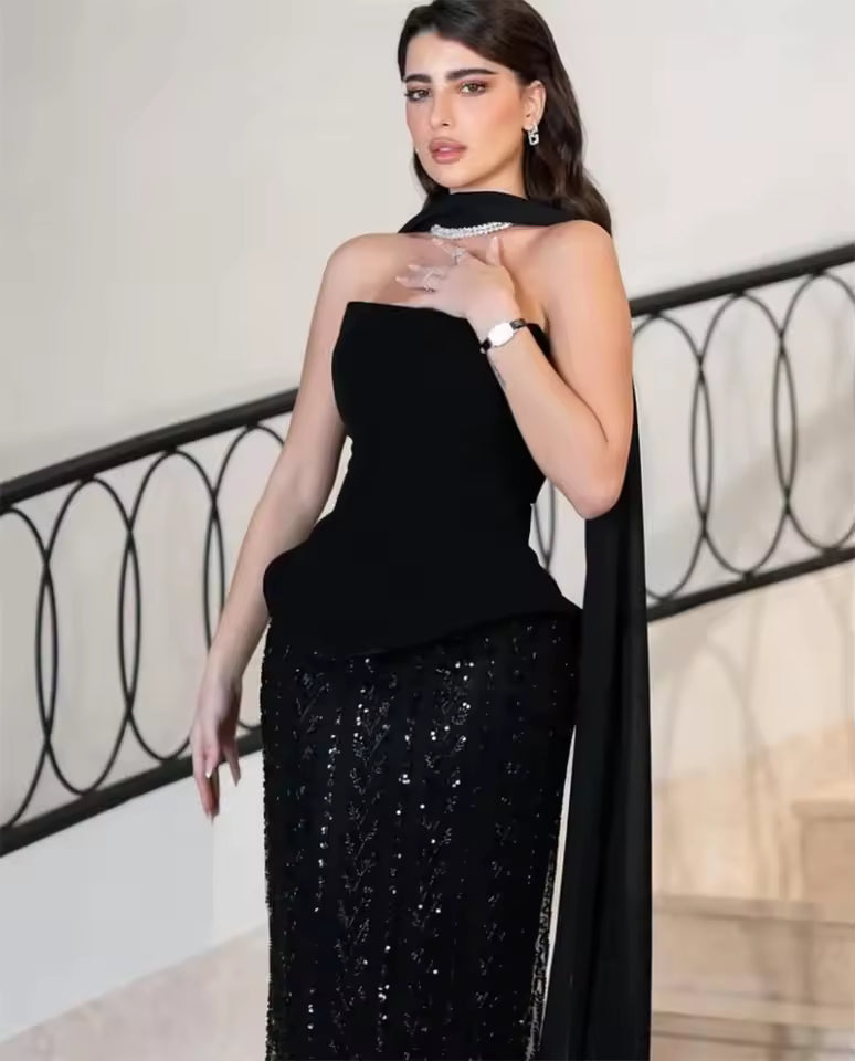 Black Strapless Trumpet evening Dresses