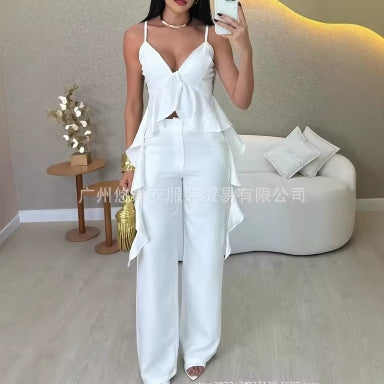 Fashion ruffled halter top and trousers 2 piece set for women summer party outfit
