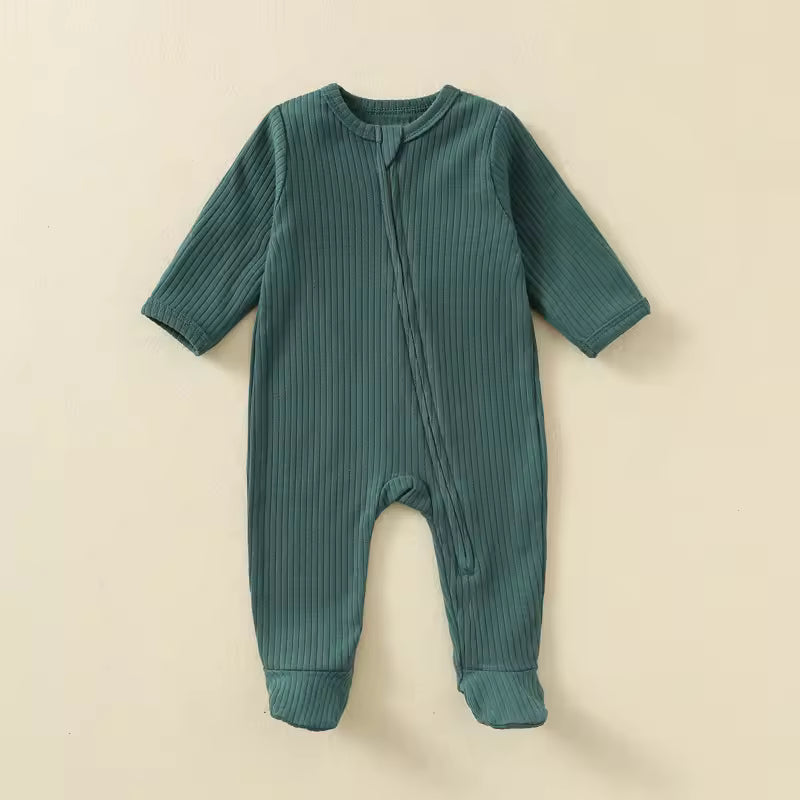 Baby Romper Long Sleeve Footed Cotton Zipper Front Outfit – Unisex Ribbed Jumpsuit for Newborn Spring & Fall Pajamas