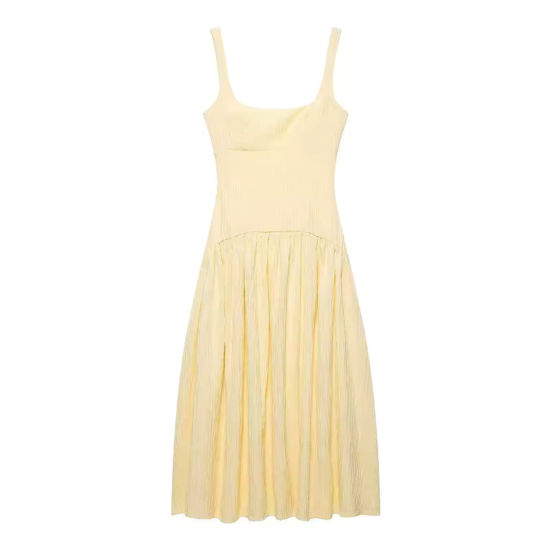 Pleated Long Dress Woman Yellow Slip Midi Dress Women Sexy