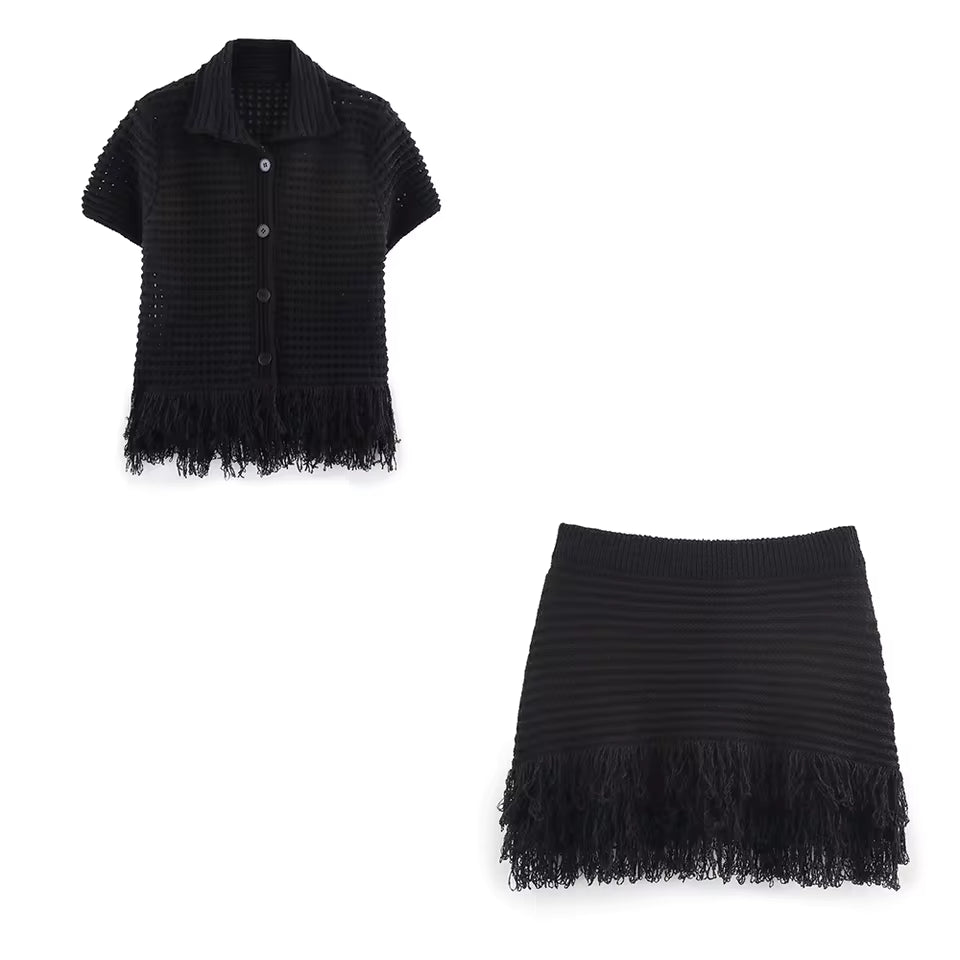 Elegant Knitted Tassel Solid Women Suit Chic Turndown Collar Hollow Out Shirt Elastic Wasit Mini Skirt