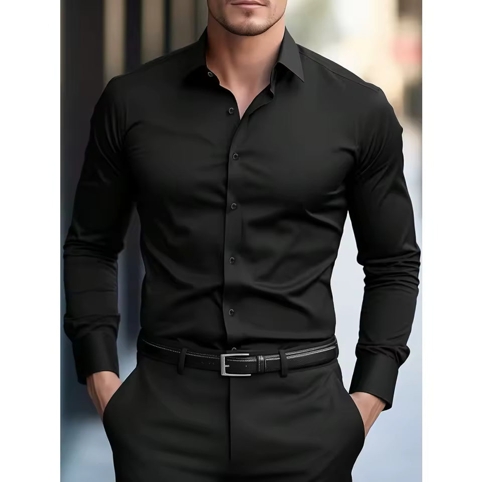 2025 Men's Shirt Brand New Solid Color Long Sleeve Smart Casual Four Season Elastic Male Business Shirts