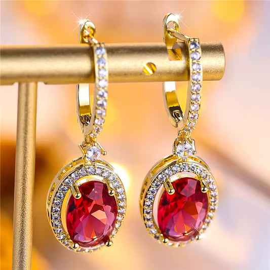 Luxury rose red oval zircon stone hoop earrings in gold color for women