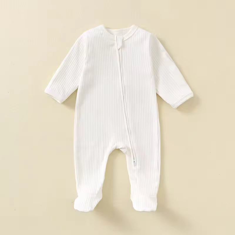 Baby Romper Long Sleeve Footed Cotton Zipper Front Outfit – Unisex Ribbed Jumpsuit for Newborn Spring & Fall Pajamas