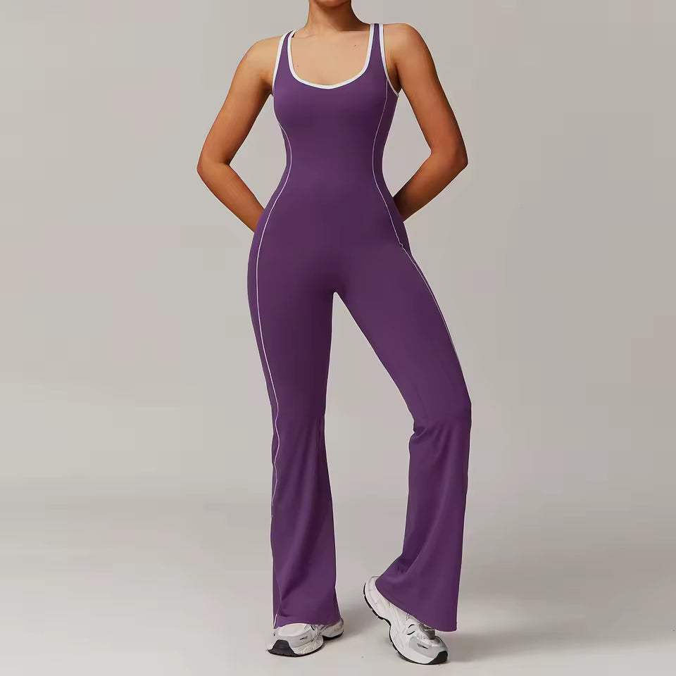 Sexy Backless Bodysuit Women's Set Tracksuits Fitness Sports Jumpsuit Yoga One-piece Suit Flared Pant Fast Dry Workout Clothes