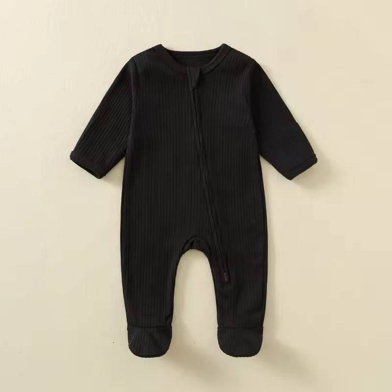 Baby Romper Long Sleeve Footed Cotton Zipper Front Outfit – Unisex Ribbed Jumpsuit for Newborn Spring & Fall Pajamas