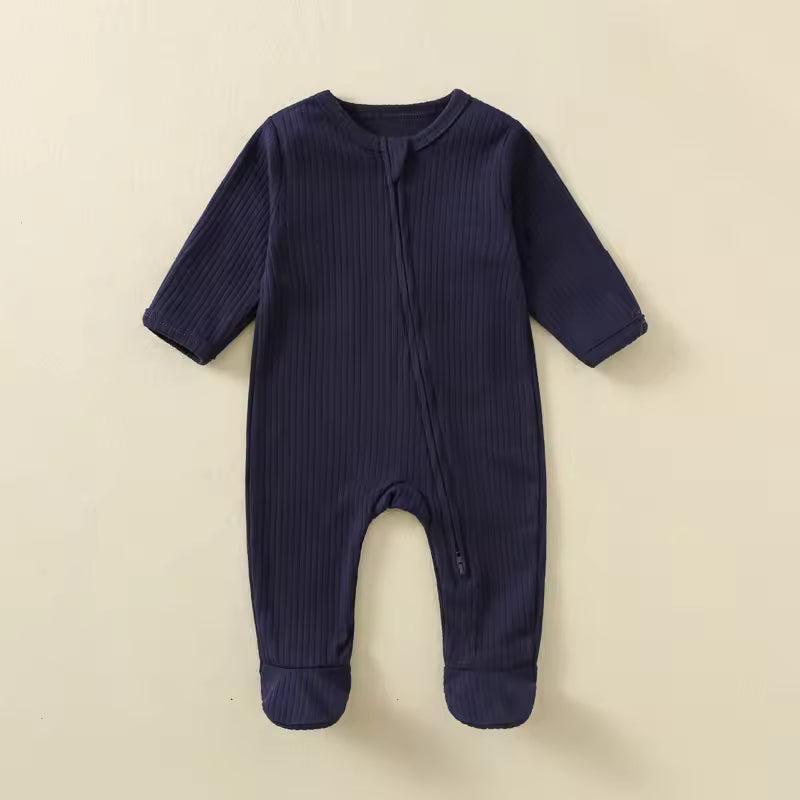 Baby Romper Long Sleeve Footed Cotton Zipper Front Outfit – Unisex Ribbed Jumpsuit for Newborn Spring & Fall Pajamas