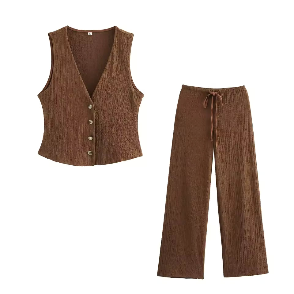 DUOPERI Women Textured 2 Pieces Sets Solid Vest And Trousers Female Chic Office Lady Waistcoat and Pants Coordinates