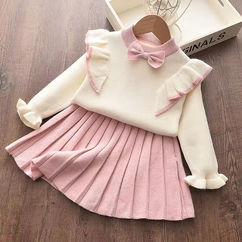 Girls Dress Knitting Kids Suit Winter Long Sleeves Top and Skirt 2pcs Outfits