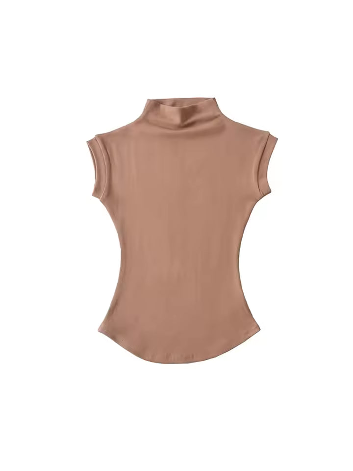 Brown sleeveless turtleneck top