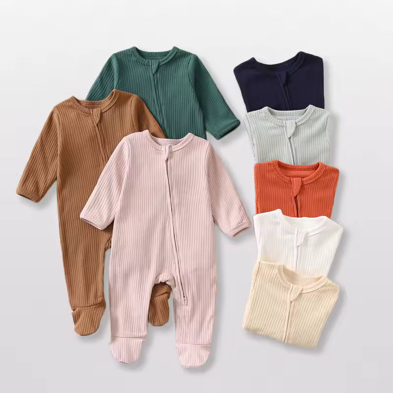 Baby Romper Long Sleeve Footed Cotton Zipper Front Outfit – Unisex Ribbed Jumpsuit for Newborn Spring & Fall Pajamas
