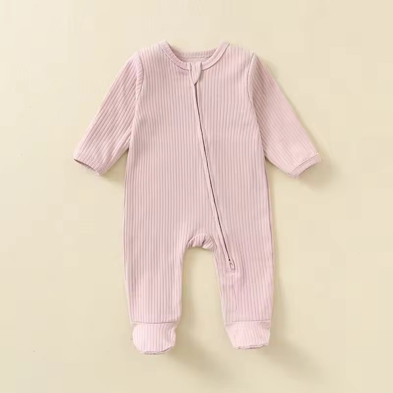 Baby Romper Long Sleeve Footed Cotton Zipper Front Outfit – Unisex Ribbed Jumpsuit for Newborn Spring & Fall Pajamas