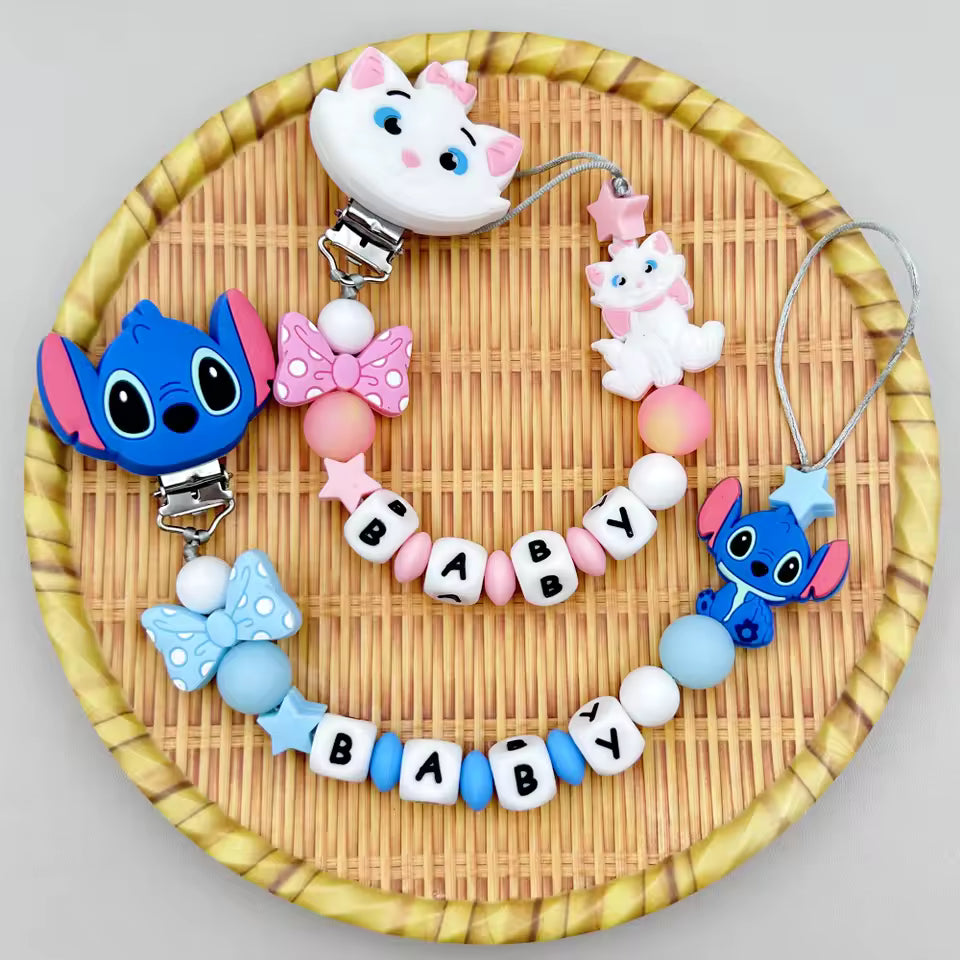 Letters Name Baby Cartoon Silicone Beads Pendant Pacifier Clips Chains Holder Teether Baby Kawaii Toy Baby Gifts