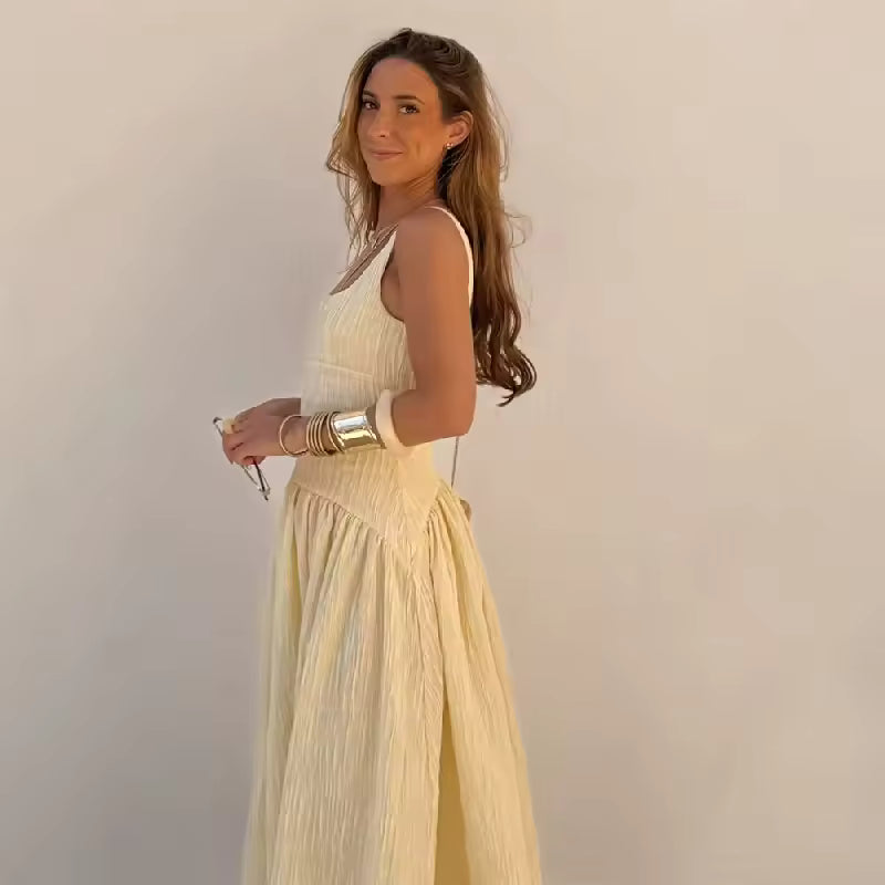 Pleated Long Dress Woman Yellow Slip Midi Dress Women Sexy