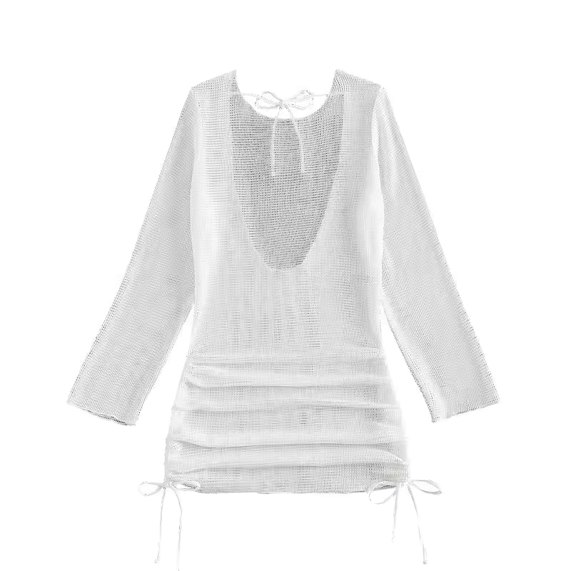 Long Sleeve Backless Crochet Knitted Tunic Beach Cover Up Cover-ups Beach Dress Beach Wear Beachwear Female Women V5038