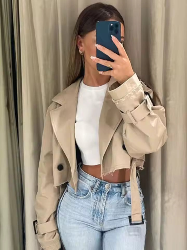 Cropped Trench Spring Jacket Women Vintage Streetwear Double Breasted Long Sleeve