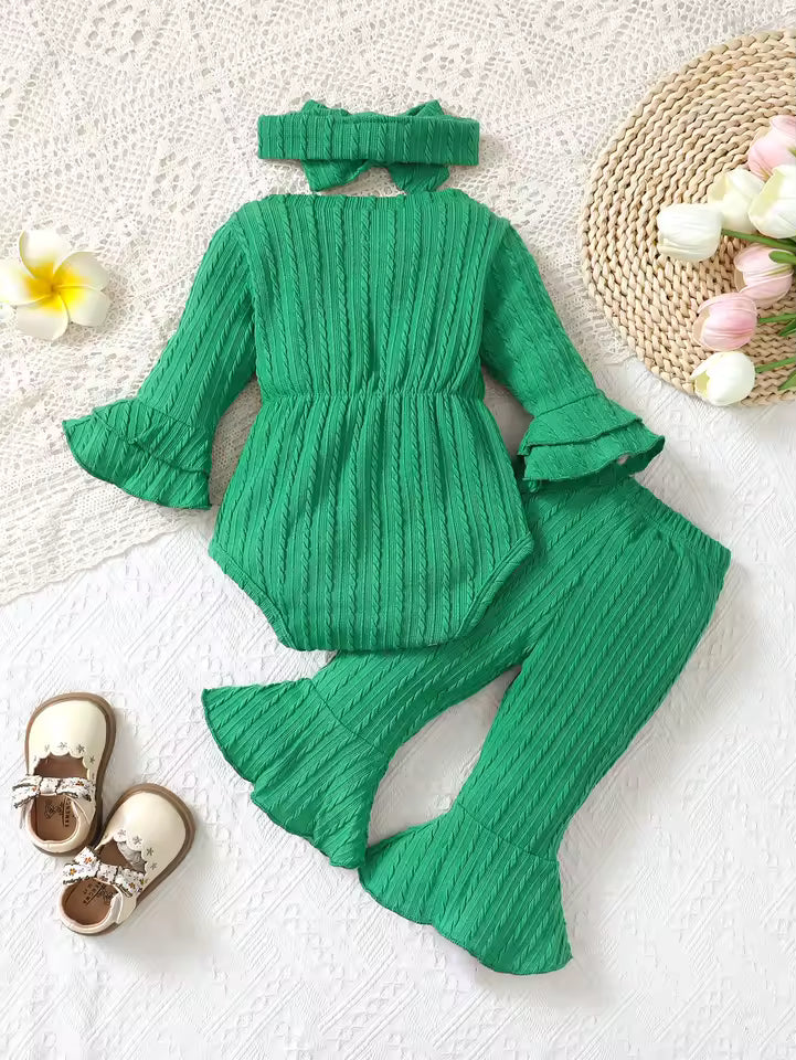 Baby girl autumn and winter casual fashion texture fabric round neck double-layer flared sleeves bow bow front jumpsuit and flar