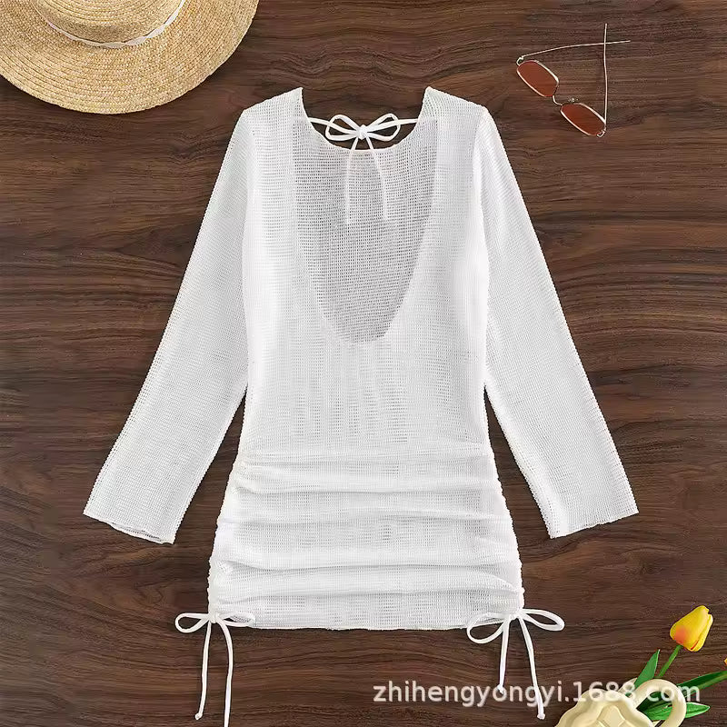 Long Sleeve Backless Crochet Knitted Tunic Beach Cover Up Cover-ups Beach Dress Beach Wear Beachwear Female Women V5038