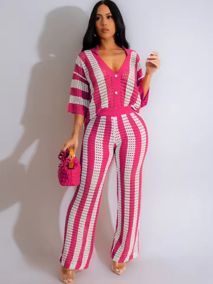 Sexy Women Knitted Set Two Pieces Set Short Sleeve