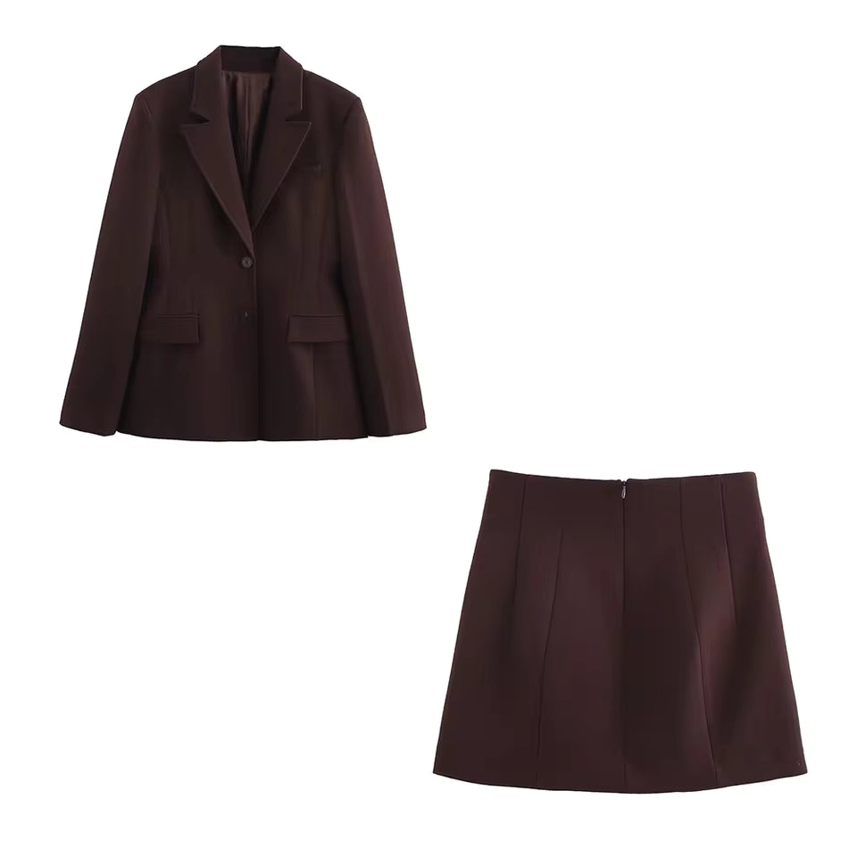 Lady Suits Fashion Shrug Pockets Blazers Elegant Zipper Skirts 