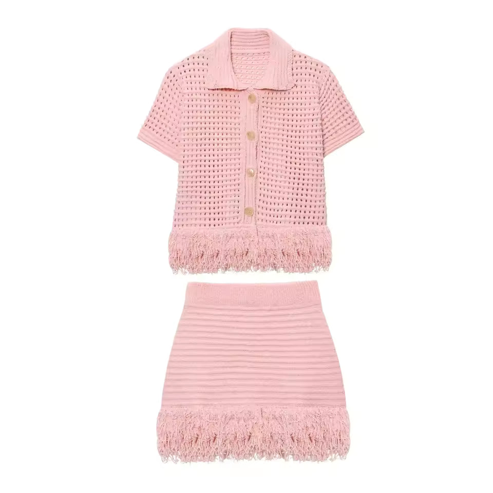 Elegant Knitted Tassel Solid Women Suit Chic Turndown Collar Hollow Out Shirt Elastic Wasit Mini Skirt