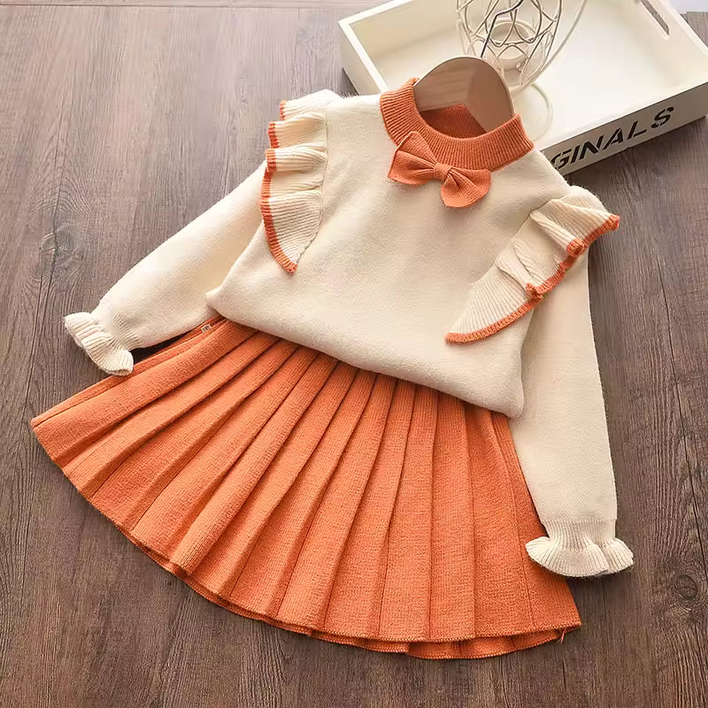 Girls Dress Knitting Kids Suit Winter Long Sleeves Top and Skirt 2pcs Outfits