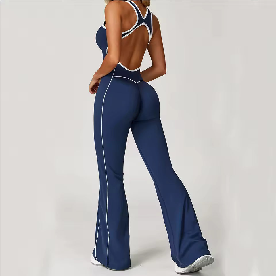 Sexy Backless Bodysuit Women's Set Tracksuits Fitness Sports Jumpsuit Yoga One-piece Suit Flared Pant Fast Dry Workout Clothes