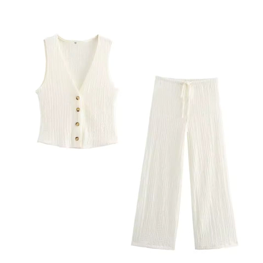 DUOPERI Women Textured 2 Pieces Sets Solid Vest And Trousers Female Chic Office Lady Waistcoat and Pants Coordinates