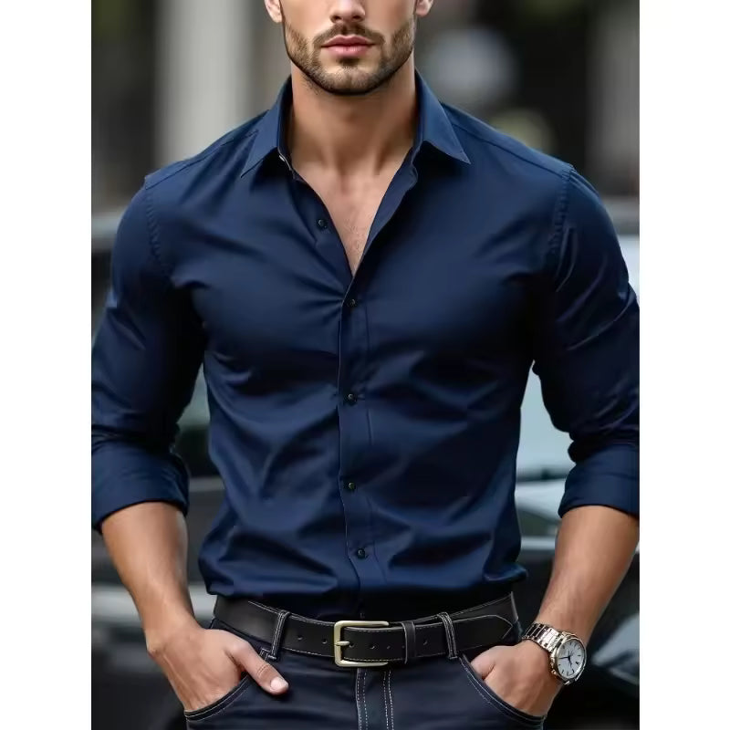 2025 Men's Shirt Brand New Solid Color Long Sleeve Smart Casual Four Season Elastic Male Business Shirts