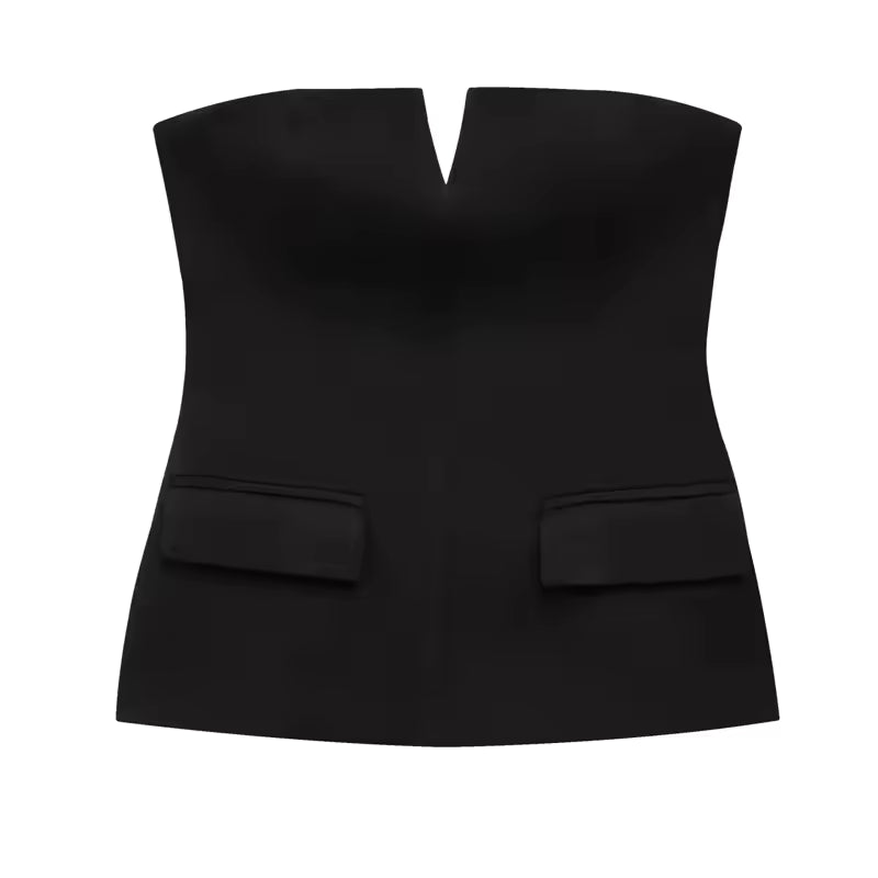 Black strapless top with a V-neckline 