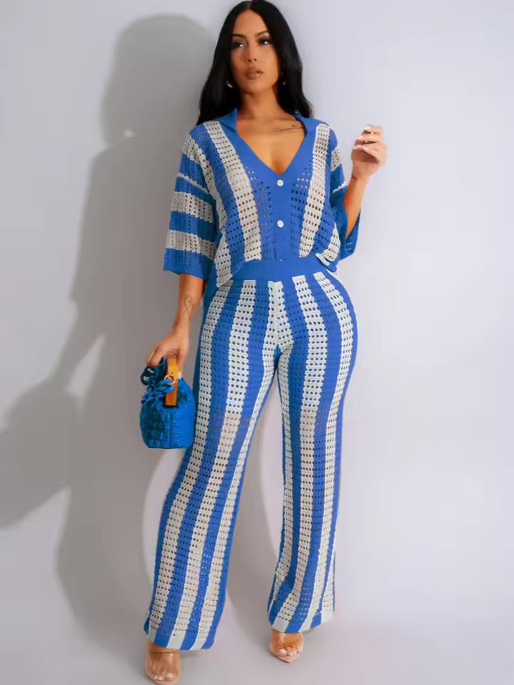 Sexy Women Knitted Set Two Pieces Set Short Sleeve