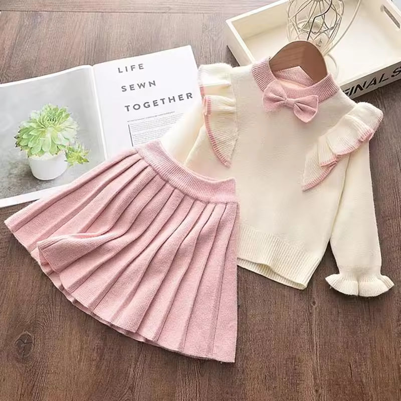 Girls Dress Knitting Kids Suit Winter Long Sleeves Top and Skirt 2pcs Outfits