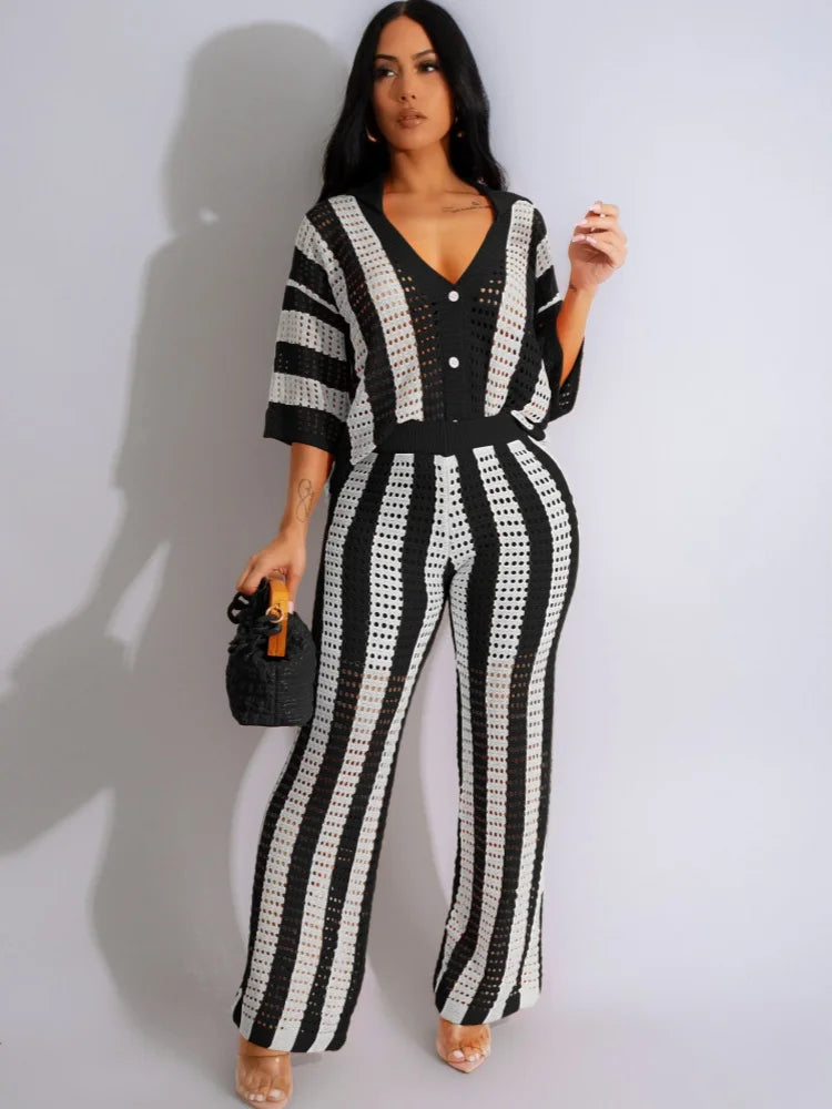 Sexy Women Knitted Set Two Pieces Set Short Sleeve