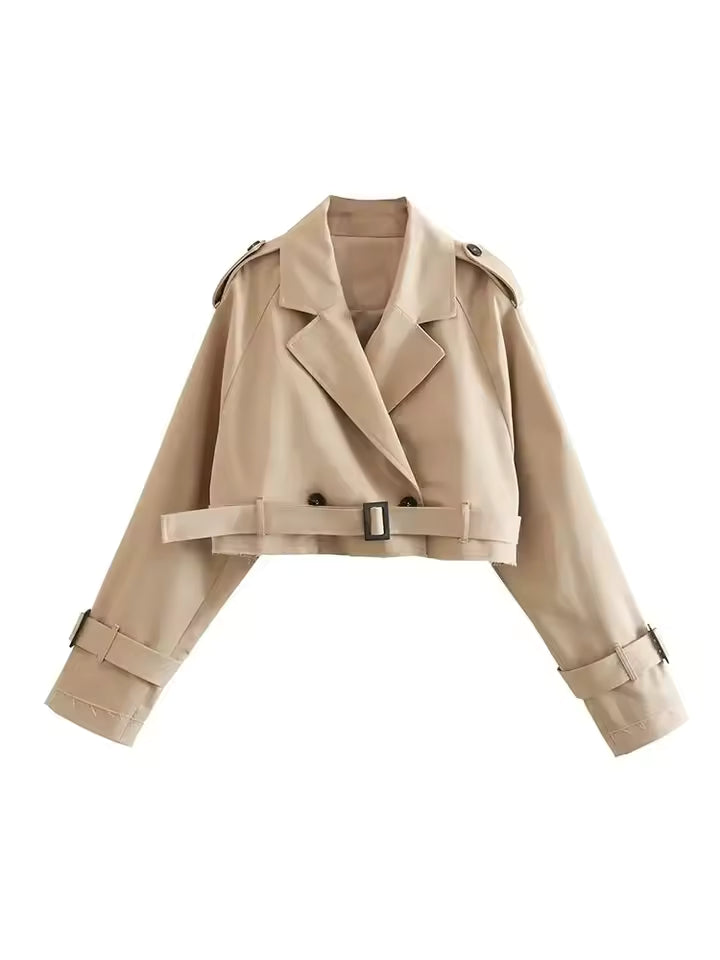 Cropped Trench Spring Jacket Women Vintage Streetwear Double Breasted Long Sleeve