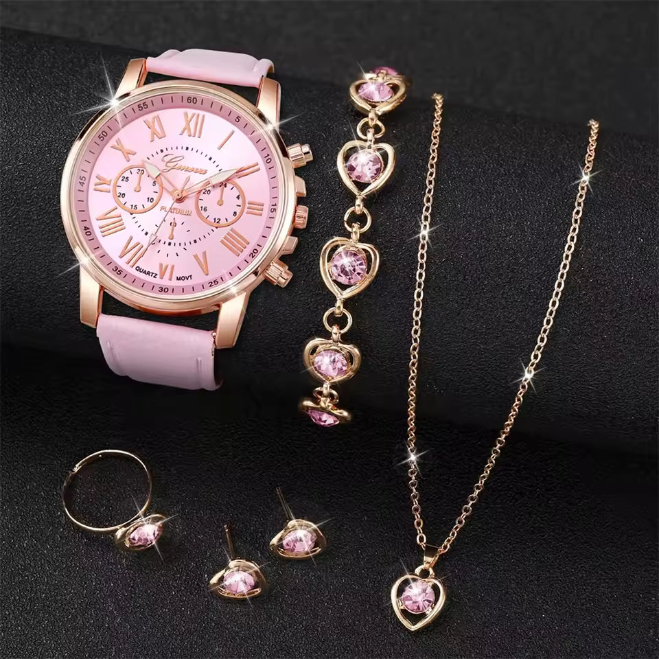 
6PCS Women’s Quartz Watch Set with Leather Bands and Heart Rhinestone Accents, Elegant Analog Wristwatches for Women