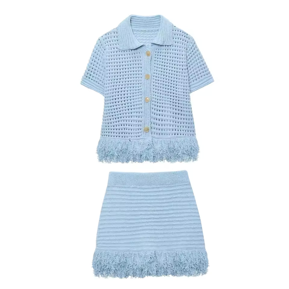 Elegant Knitted Tassel Solid Women Suit Chic Turndown Collar Hollow Out Shirt Elastic Wasit Mini Skirt