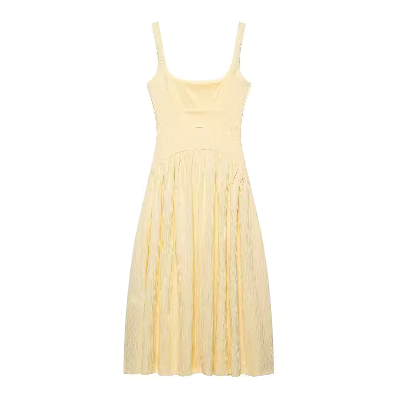 Pleated Long Dress Woman Yellow Slip Midi Dress Women Sexy