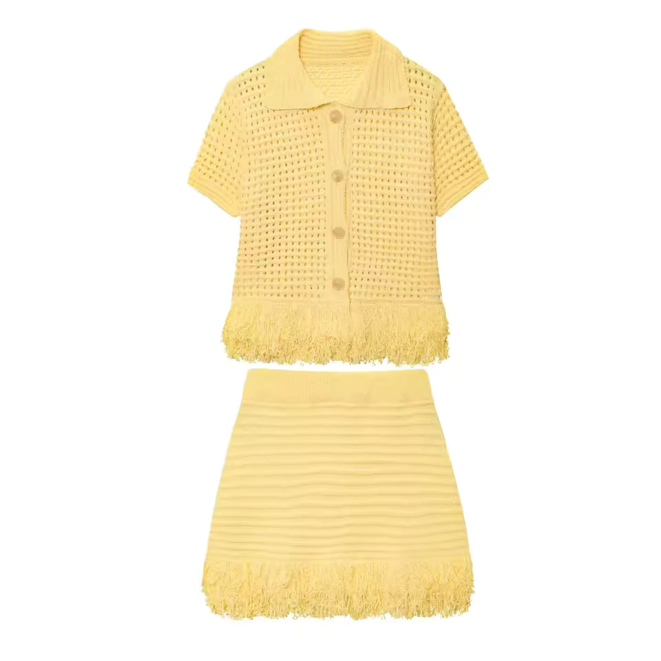 Elegant Knitted Tassel Solid Women Suit Chic Turndown Collar Hollow Out Shirt Elastic Wasit Mini Skirt