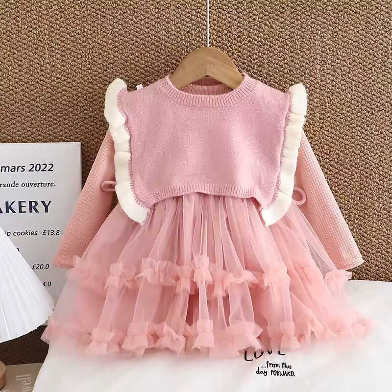 Baby Girl Sweet Princess Dress Knitted Vest Skirt Two Piece Set Children's Daily Casual Set Dress