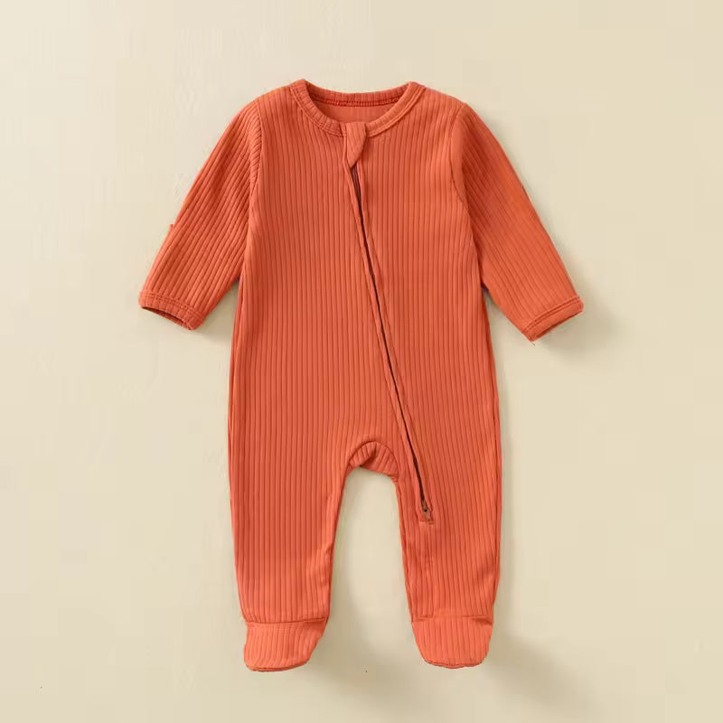 Baby Romper Long Sleeve Footed Cotton Zipper Front Outfit – Unisex Ribbed Jumpsuit for Newborn Spring & Fall Pajamas