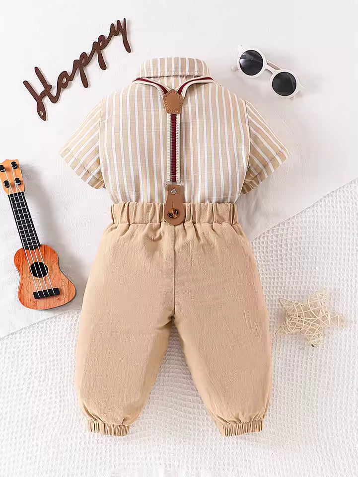 2-piece set of male baby short sleeved shirt, bow tie, tie and suspender, long pants
