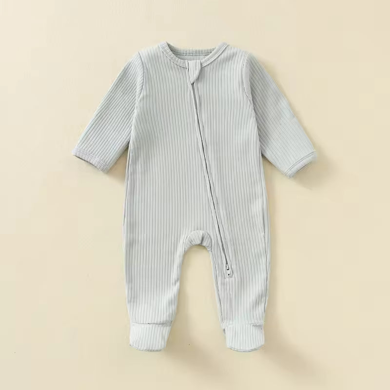 Baby Romper Long Sleeve Footed Cotton Zipper Front Outfit – Unisex Ribbed Jumpsuit for Newborn Spring & Fall Pajamas