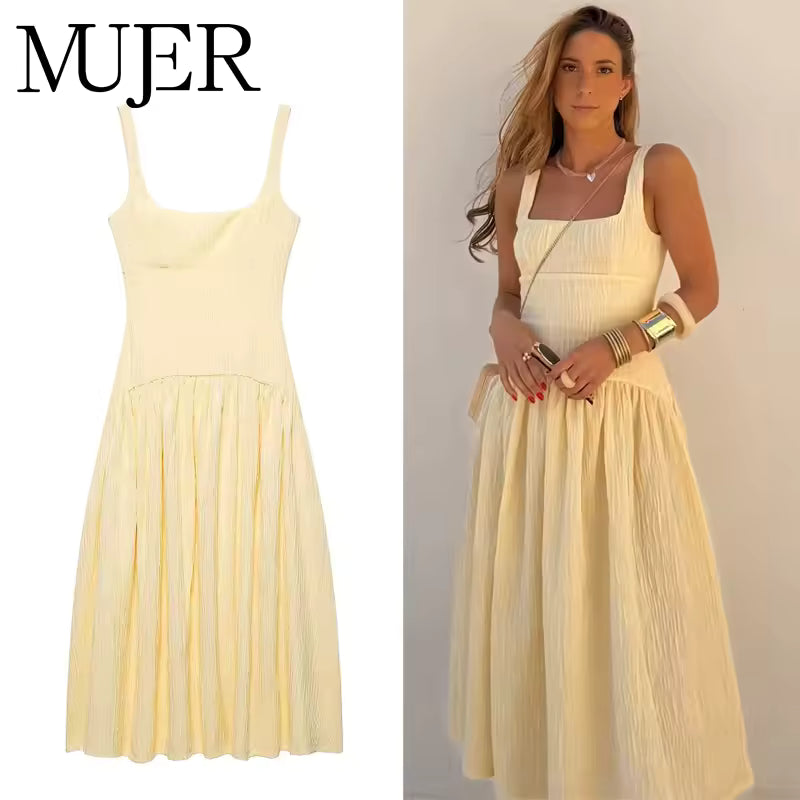 Pleated Long Dress Woman Yellow Slip Midi Dress Women Sexy