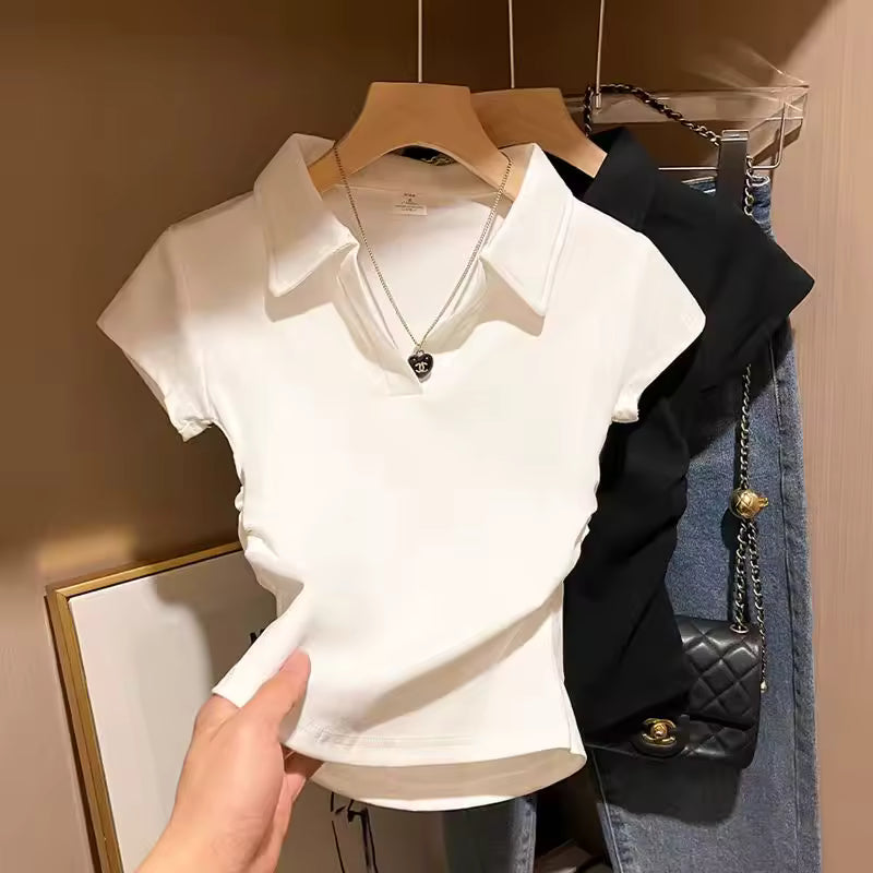 Cotton Summer Sexy Women's T Shirt Skinny Slim Basic Solid Crop Top Short Sleeve Polo TShirtCasual Top Tee for Women