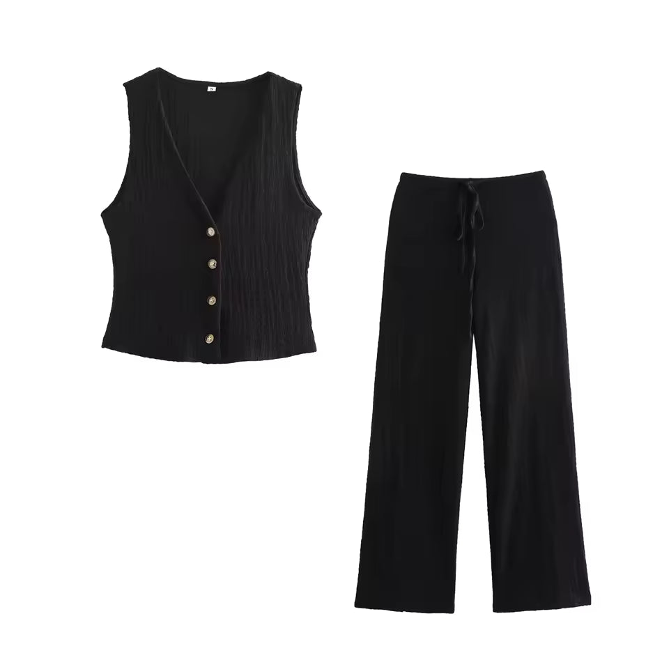 DUOPERI Women Textured 2 Pieces Sets Solid Vest And Trousers Female Chic Office Lady Waistcoat and Pants Coordinates