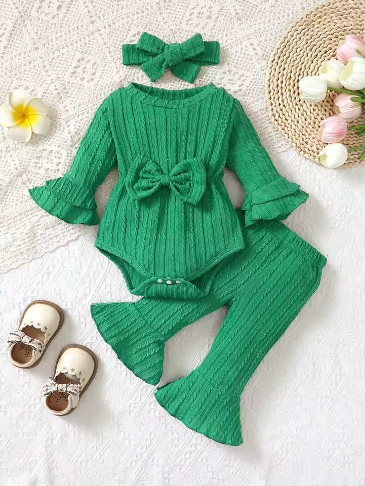 Baby girl autumn and winter casual fashion texture fabric round neck double-layer flared sleeves bow bow front jumpsuit and flar