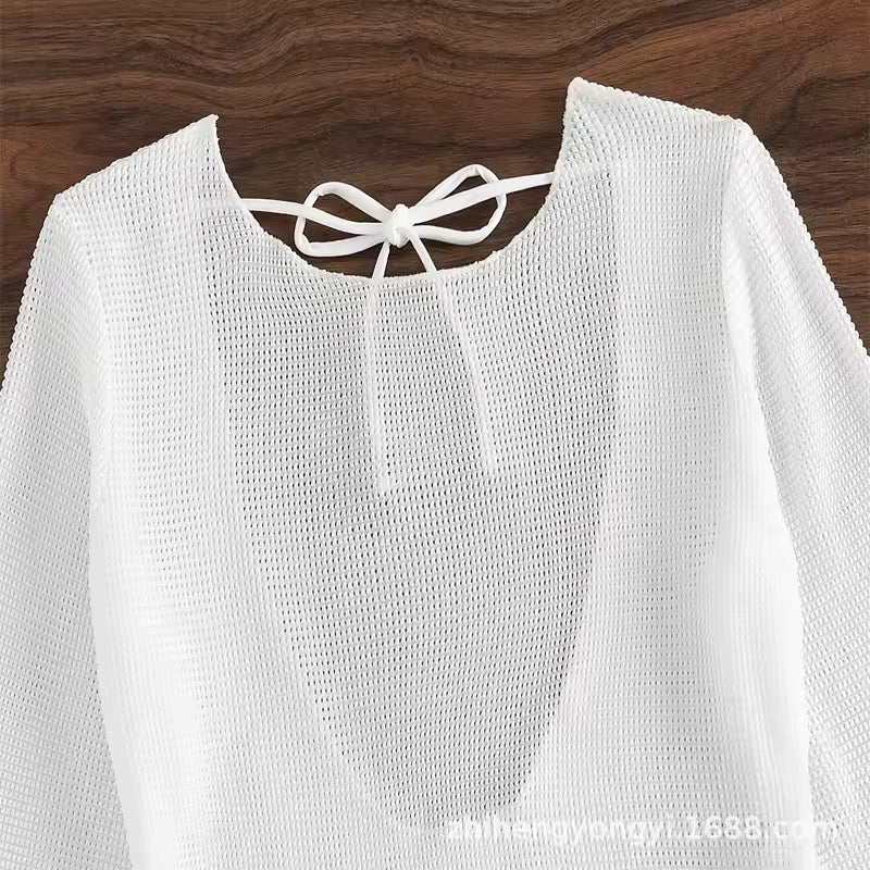 Long Sleeve Backless Crochet Knitted Tunic Beach Cover Up Cover-ups Beach Dress Beach Wear Beachwear Female Women V5038