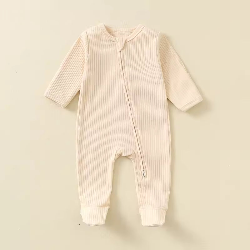 Baby Romper Long Sleeve Footed Cotton Zipper Front Outfit – Unisex Ribbed Jumpsuit for Newborn Spring & Fall Pajamas